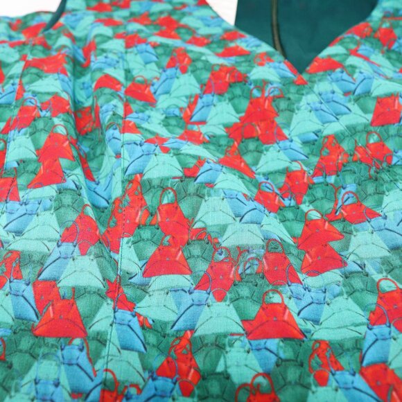 Akris 10 Green Red Ai Print Sleeveless Swing Fit Flare Pleated Pocket Dress - Picture 14 of 15